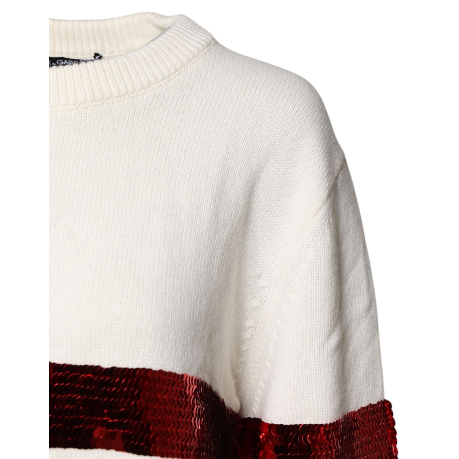 Dolce & Gabbana White Sequined Crew Neck Pullover Sweater