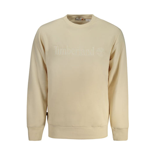 Timberland beige cotton sweater for men, featuring a crew neck and embroidered logo, perfect blend of comfort and style.