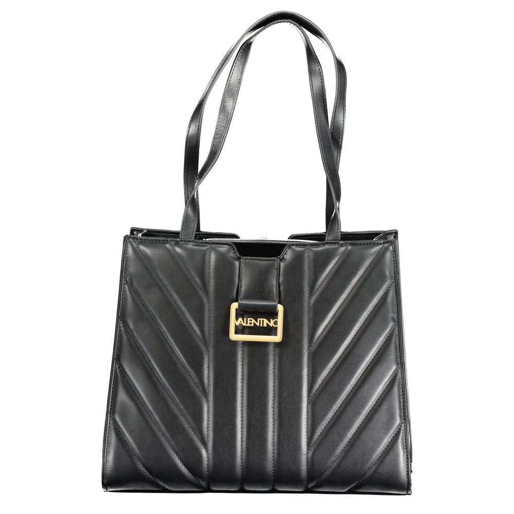 Mario Valentino Black Polyethylene Handbag with dual shoulder handles, chain handle, contrast details, logo, and multiple compartments.