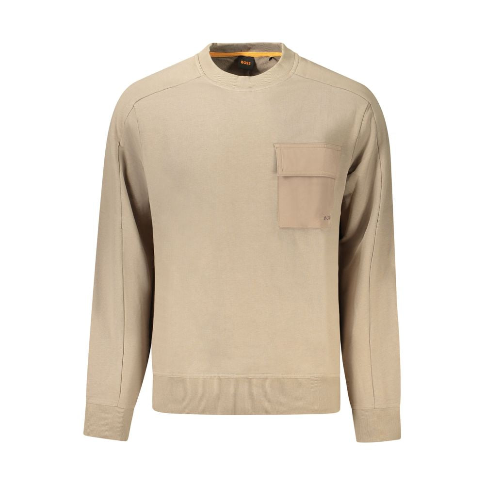 Hugo Boss Beige Cotton Men Sweater with crew neck and logo detail, crafted from organic cotton for comfort and style.