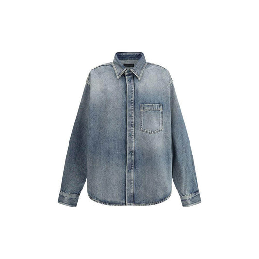 Balenciaga oversized denim-effect cotton shirt with classic collar, snap-button closure, and monogram applique on chest.