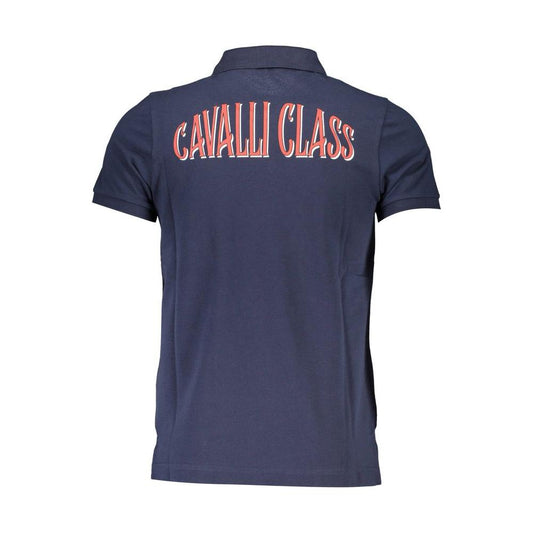 Cavalli Class blue cotton men's polo shirt with logo print on back, featuring short sleeves and a modern fit.