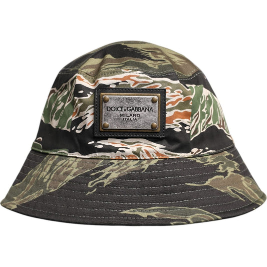Dolce & Gabbana multicolor camouflage bucket hat with wide brim and DG plaque, men's fashion accessory, made in Italy.