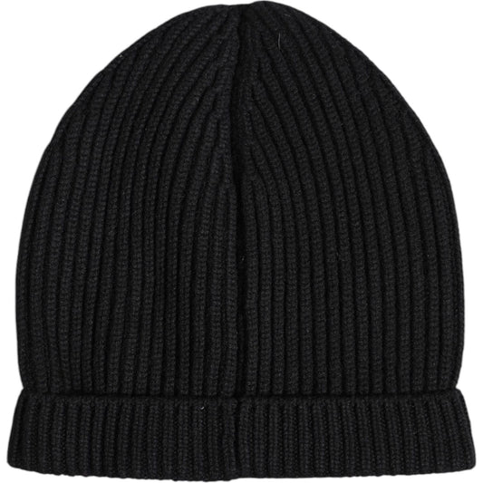 Dolce & Gabbana black cashmere knitted beanie hat, men's winter accessory, 100% authentic, ribbed design, made in Italy with logo details.