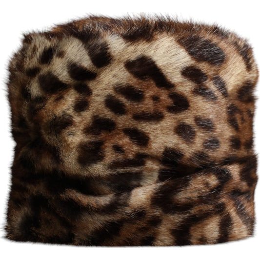 Dolce & Gabbana brown leopard faux fur women's bucket hat, luxury fashion accessory, Italian-made with silk lining.