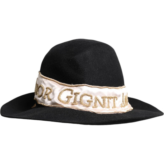 Dolce & Gabbana black wide brim hat with sequin embroidery and logo, made from rabbit and viscose, elegant design.