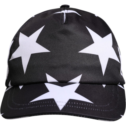 Dolce & Gabbana black baseball cap with white star print, polyester material, made in Italy.