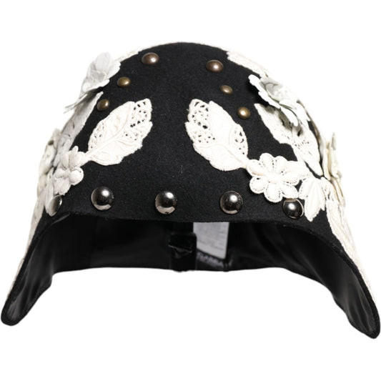 Dolce & Gabbana black cloche hat with white floral and gold leaf details, Sicily-inspired design, 100% wool, 100% silk lining
