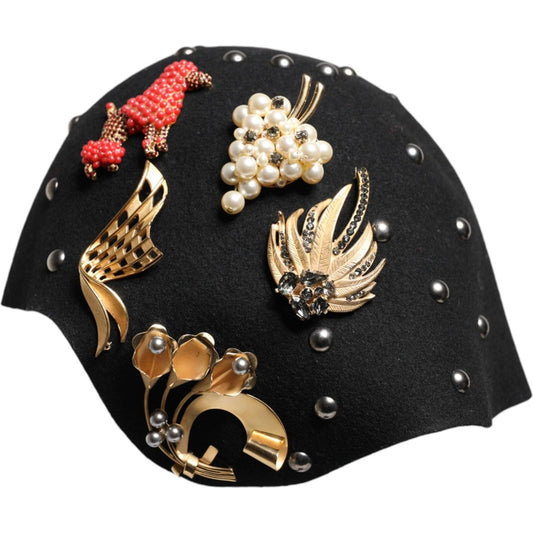 Dolce & Gabbana black wool cloche hat with multicolor crystal, pearl embellishments, luxury metal details, made in Italy.