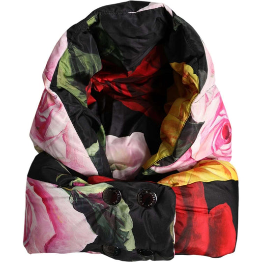 Dolce & Gabbana black floral print head wrap hat, 100% polyester, Italian made, elegant women's accessory with logo details.