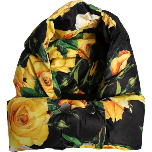 Dolce & Gabbana black floral print whole head wrap hat with yellow rose design, made of polyester, featuring logo details.