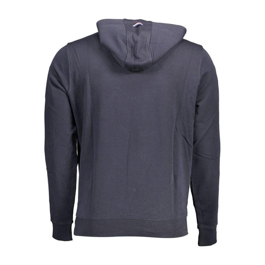 Back view of blue U.S. POLO ASSN. men's cotton hoodie with hood, highlighting fine stitching and logo embroidery, emphasizing sporty style.