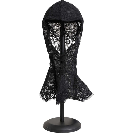 Dolce & Gabbana black floral lace head wrap hat, 94% nylon, 6% silk, made in Italy, displayed on stand, luxury women's fashion.