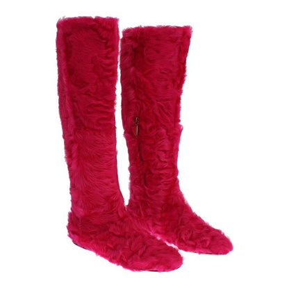 Dolce & Gabbana Pink Lamb Fur Leather Flat Boots