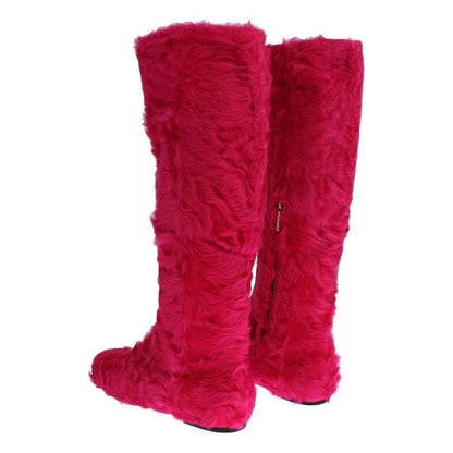Dolce & Gabbana Pink Lamb Fur Leather Flat Boots