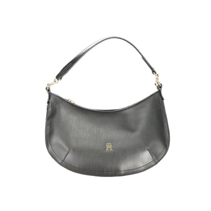 Tommy Hilfiger Black Polyethylene Handbag with removable shoulder handle and strap, features logo and zip closure.
