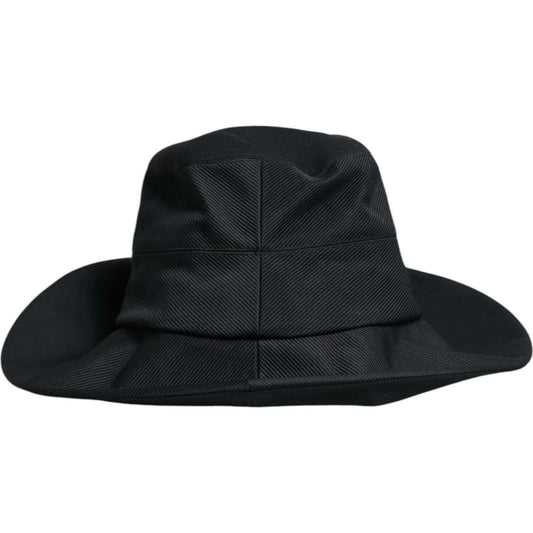 Dolce & Gabbana black cotton wide brim fedora hat with silk lining, featuring logo details, made in Italy.