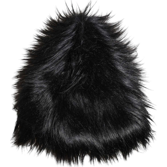 Dolce & Gabbana women's black acrylic fur bucket hat with logo details, luxurious Italian design, new with tags.