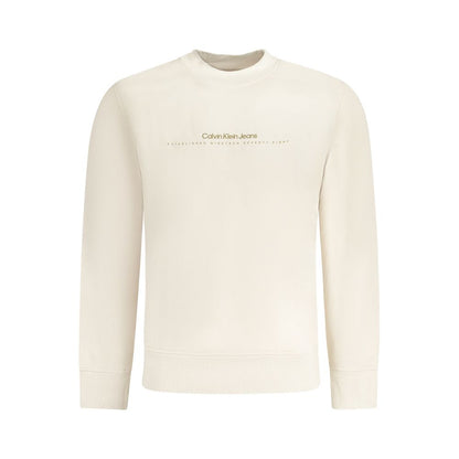 Calvin Klein Beige Cotton Men Sweater with logo print, long sleeve pullover showcasing stylish design in cream color.