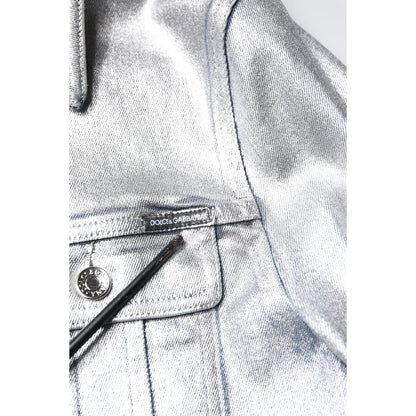Dolce & Gabbana Silver Cotton Button Down Denim Biker Jacket