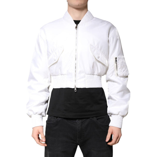 Dolce & Gabbana White Nylon Full Zip Cropped Bomber Jacket JKT4133-48