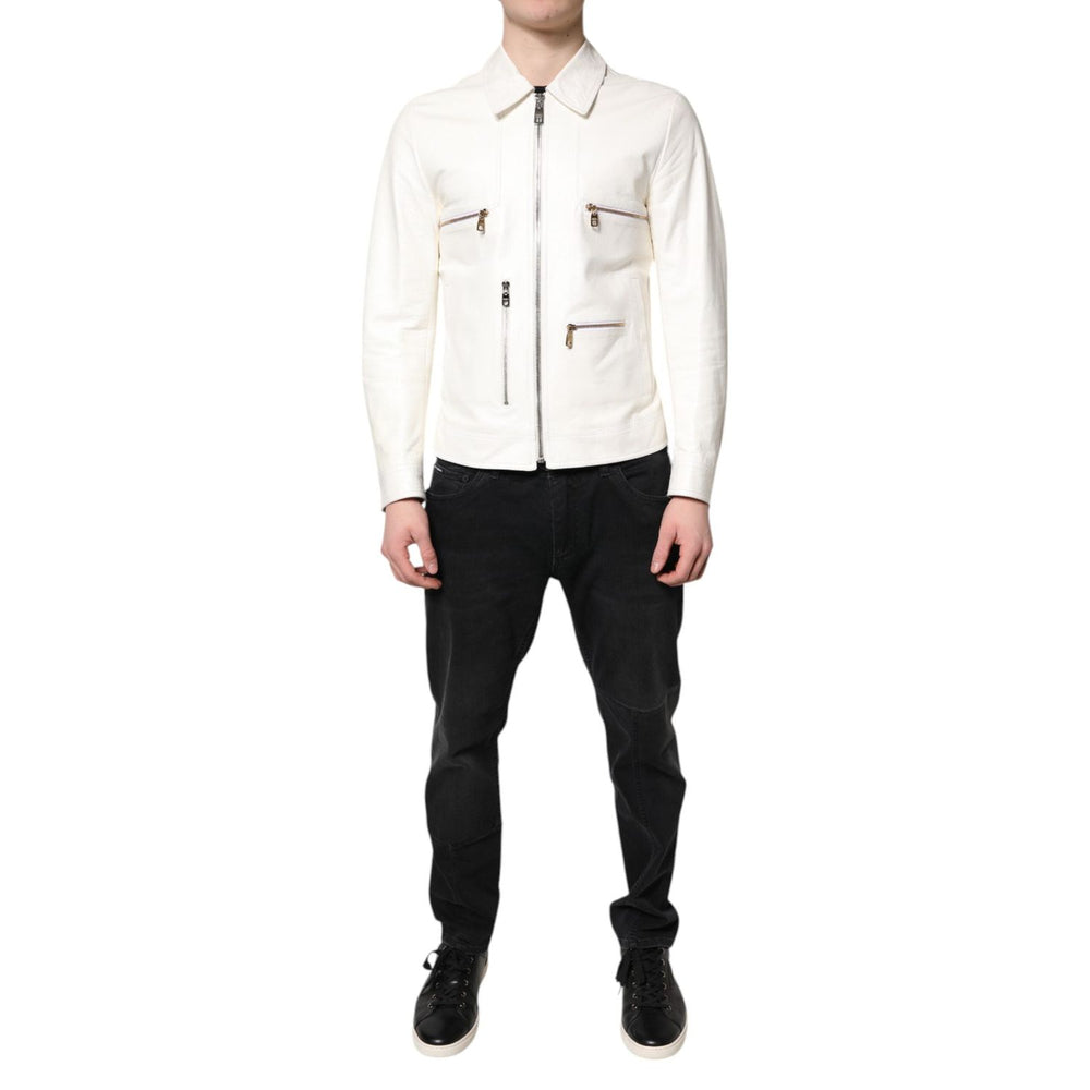 Dolce & Gabbana White Collared Full Zip Biker Coat Jacket JKT4160-48