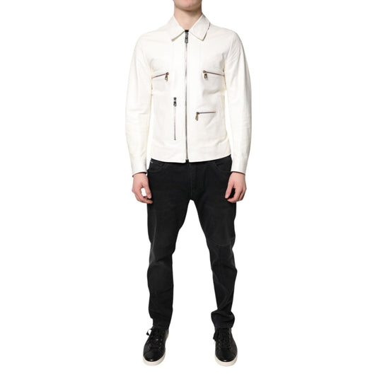 Dolce & Gabbana White Collared Full Zip Biker Coat Jacket JKT4160-48