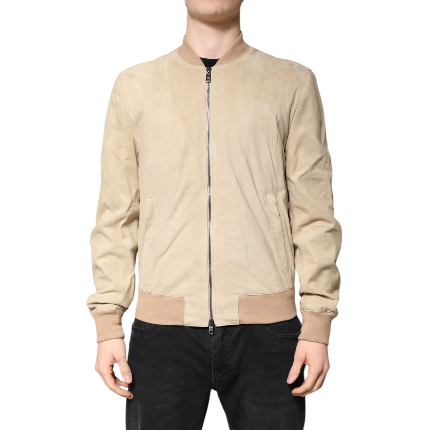 Dolce & Gabbana Beige Lambskin Full Zip Men Bomber Jacket