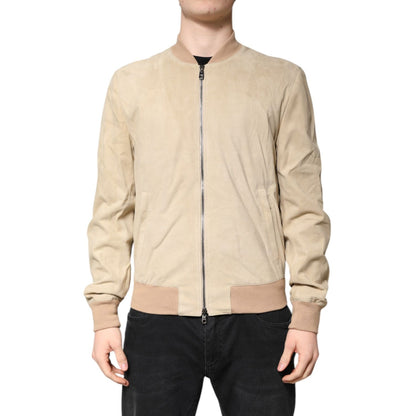 Dolce & Gabbana Beige Lambskin Full Zip Men Bomber Jacket