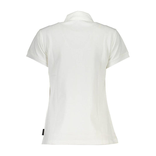 Back view of North Sails white cotton women polo shirt made from organic cotton and elastane, featuring a sleek button placket.