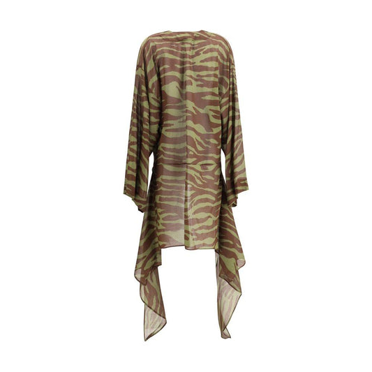 The Attico asymmetric dress in green pattern with long sleeves and flowing hem. Stylish and modern design.