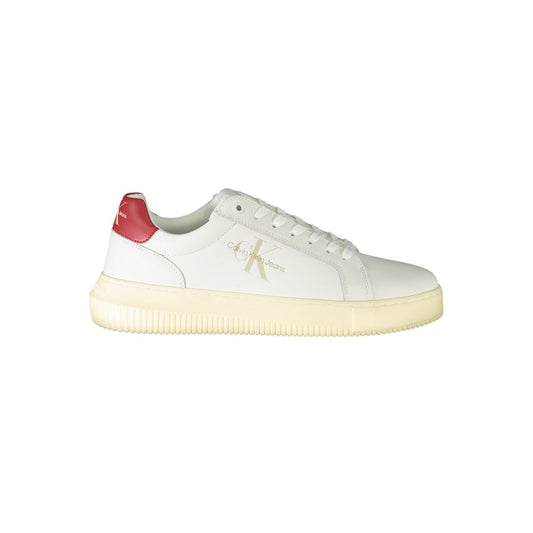 Calvin Klein white polyester sneaker with laces, print, contrast details, and logo, featuring 50% recycled material.