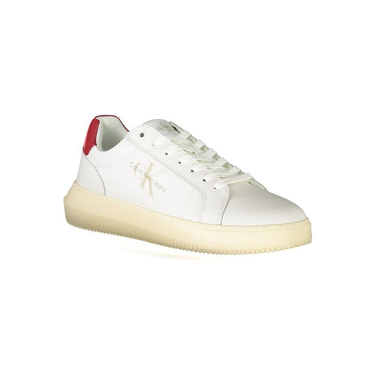 Calvin Klein white polyester sneaker with red heel accent, lace-up design, logo detailing, made from 50% recycled materials.