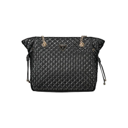 Guess Jeans Black Polyethylene Women Handbag with dual chain shoulder handles and quilted design, perfect for urban style.