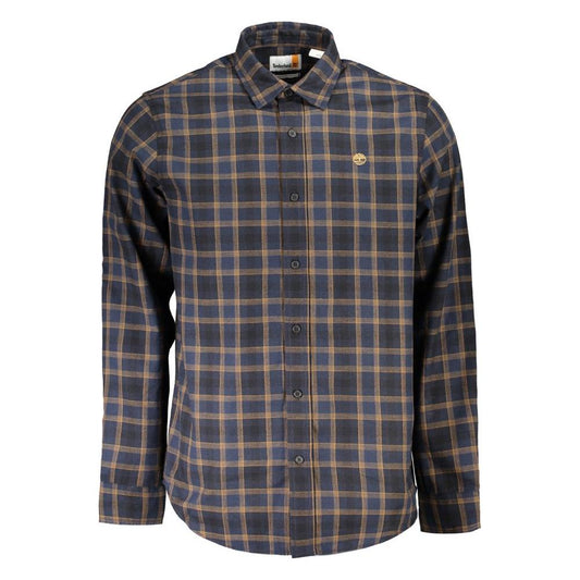 Timberland blue cotton tartan shirt with long sleeves, Italian collar, 1-button cuffs, logo embroidery, and regular fit.