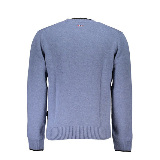Back view of Napapijri Blue Fabric Men's Sweater with embroidered logo, showcasing regular-fit and classic crew neck style.