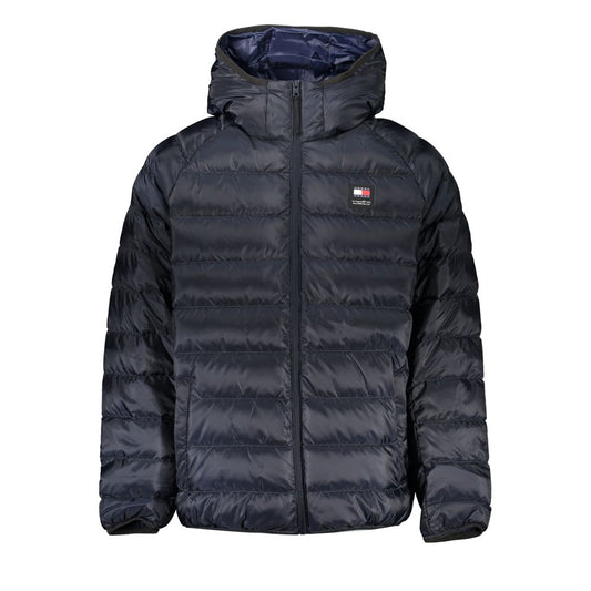 Tommy Hilfiger Chic Recycled Polyester Hooded Jacket in blue with logo, made from eco-friendly materials, stylish and sustainable.
