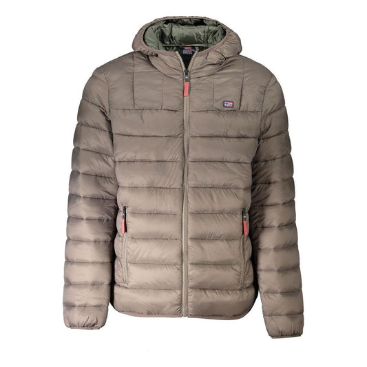 Brown polyamide men's jacket with hood, zip closure, and contrasting details, perfect for outdoor adventures and city wear.