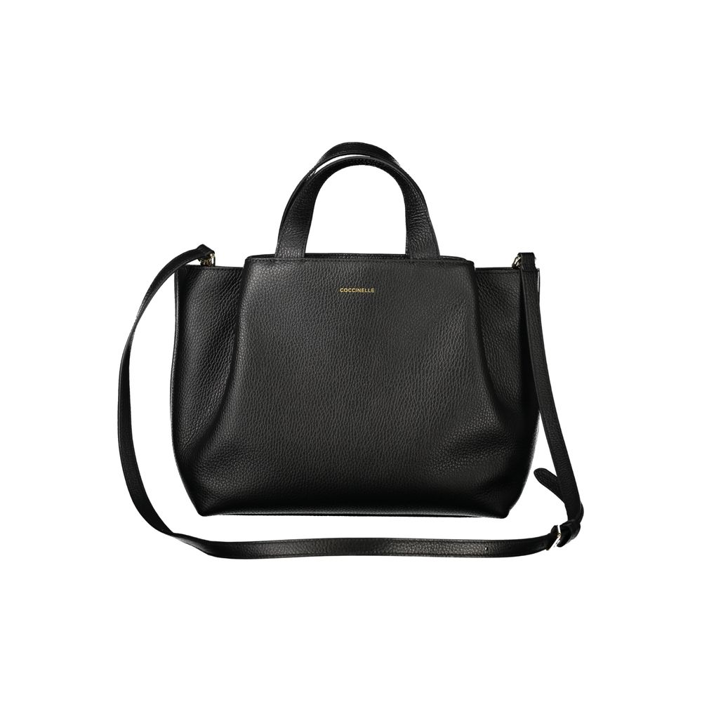 Coccinelle Black Leather Women Handbag with two handles and adjustable shoulder strap, featuring structured silhouette and elegant design.