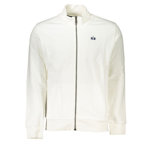 La Martina Elegant White Fleece Sweatshirt with zip, logo embroidery, and regular fit; luxury casual wear with central pockets.