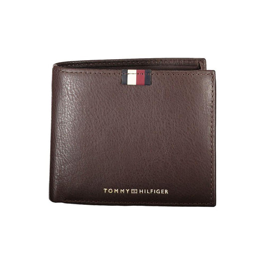 Tommy Hilfiger brown leather men's wallet with logo, stylish design, and multiple compartments for modern functionality.
