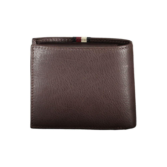 Tommy Hilfiger brown leather men's wallet with contrast detail, featuring two compartments, coin purse, and double card spaces.
