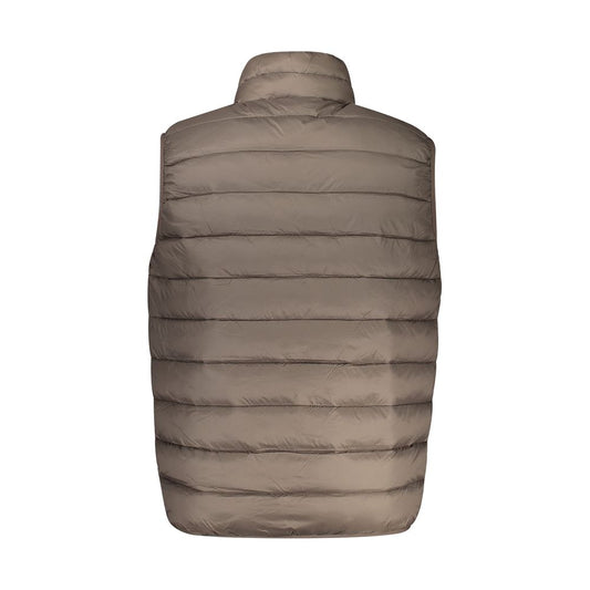 Back view of a Norway 1963 sleeveless brown jacket with 2 pockets, contrasting details, and zip closure in polyamide fabric.