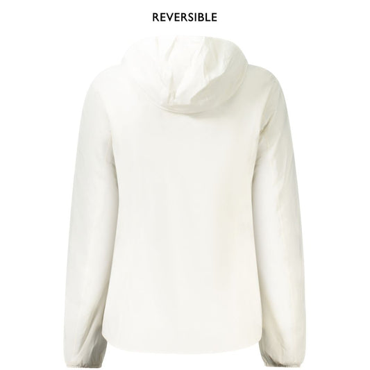 K-WAY white nylon women's reversible jacket back view, showcasing long sleeves, hood, and versatile design for fashion and comfort.