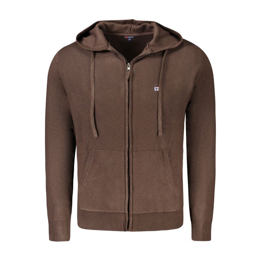 Brown polyamide men's cardigan with hood, embroidery, and logo; features long sleeves and pockets for style and practicality.