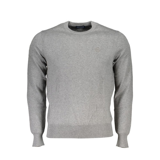 Gray North Sails cashmere men sweater with crew neck, featuring embroidery and logo detailing, made from recycled fibers for sustainability.