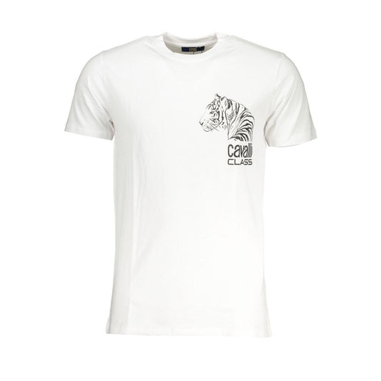 Cavalli Class white cotton t-shirt with crew neck, short sleeves, and tiger logo print. Stylish casual wear for men.
