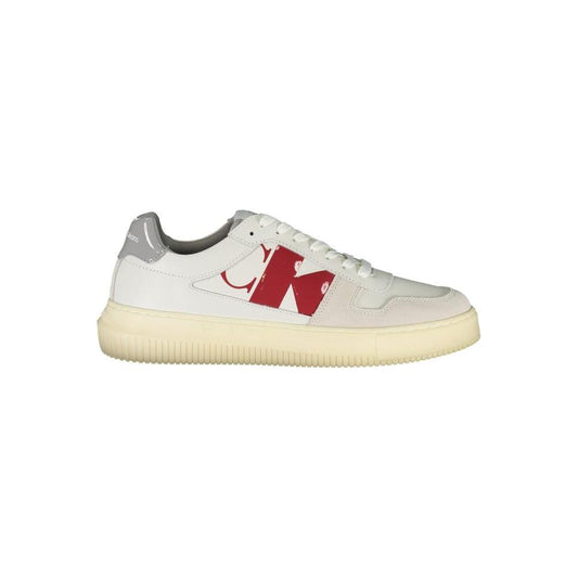 Sleek Calvin Klein white sneakers with red contrast logo, lace-up design, and sustainable materials, featuring recycled polyester.