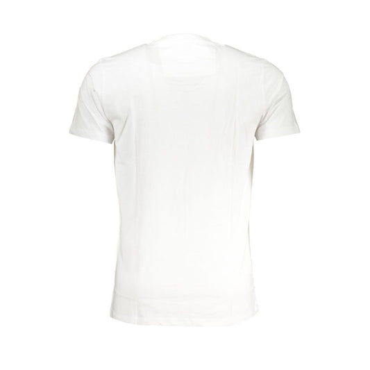 Back view of Cavalli Class white cotton t-shirt with short sleeves and crew neck, featuring a printed logo design.