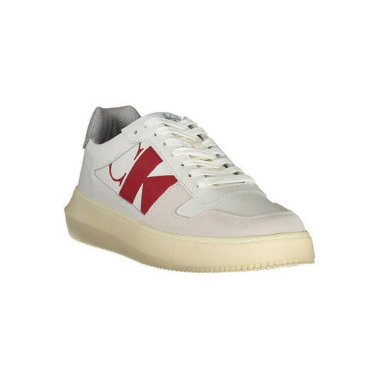 Sleek white lace-up sneaker with red logo detail by Calvin Klein, featuring eco-friendly materials for sustainable fashion.